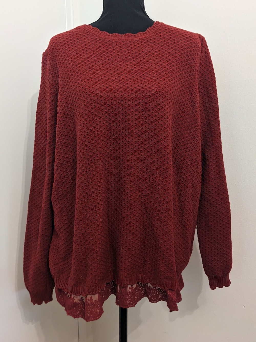Alya Red Lace-Hem Crewneck Sweater with Tortoise Buttons on Back | Size Large